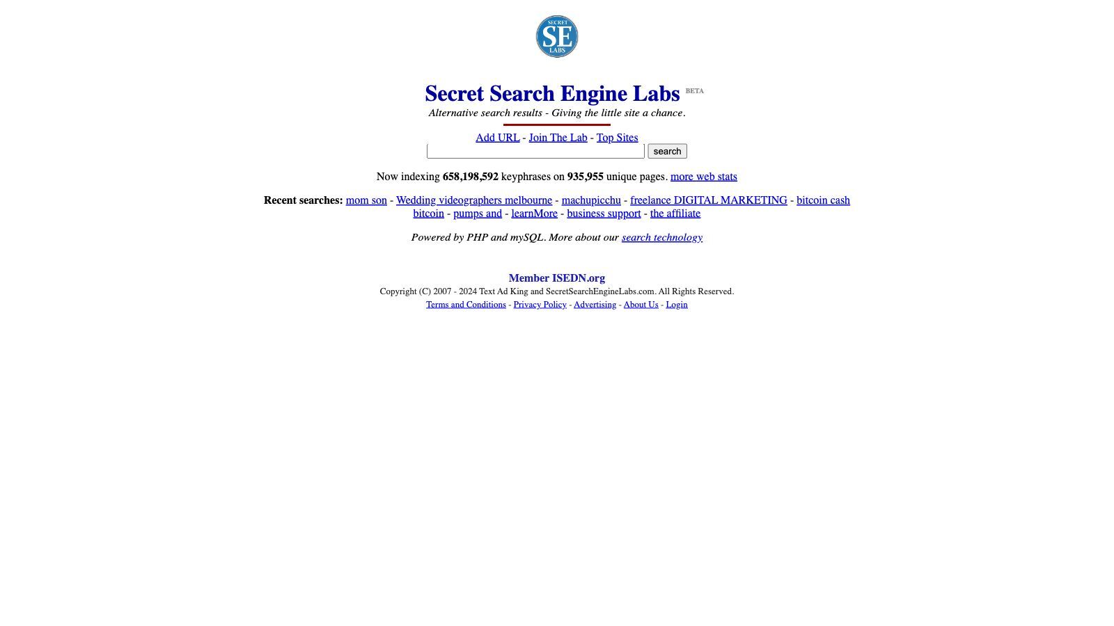 Startseite Suchmaschine Secret Search Engine Labs