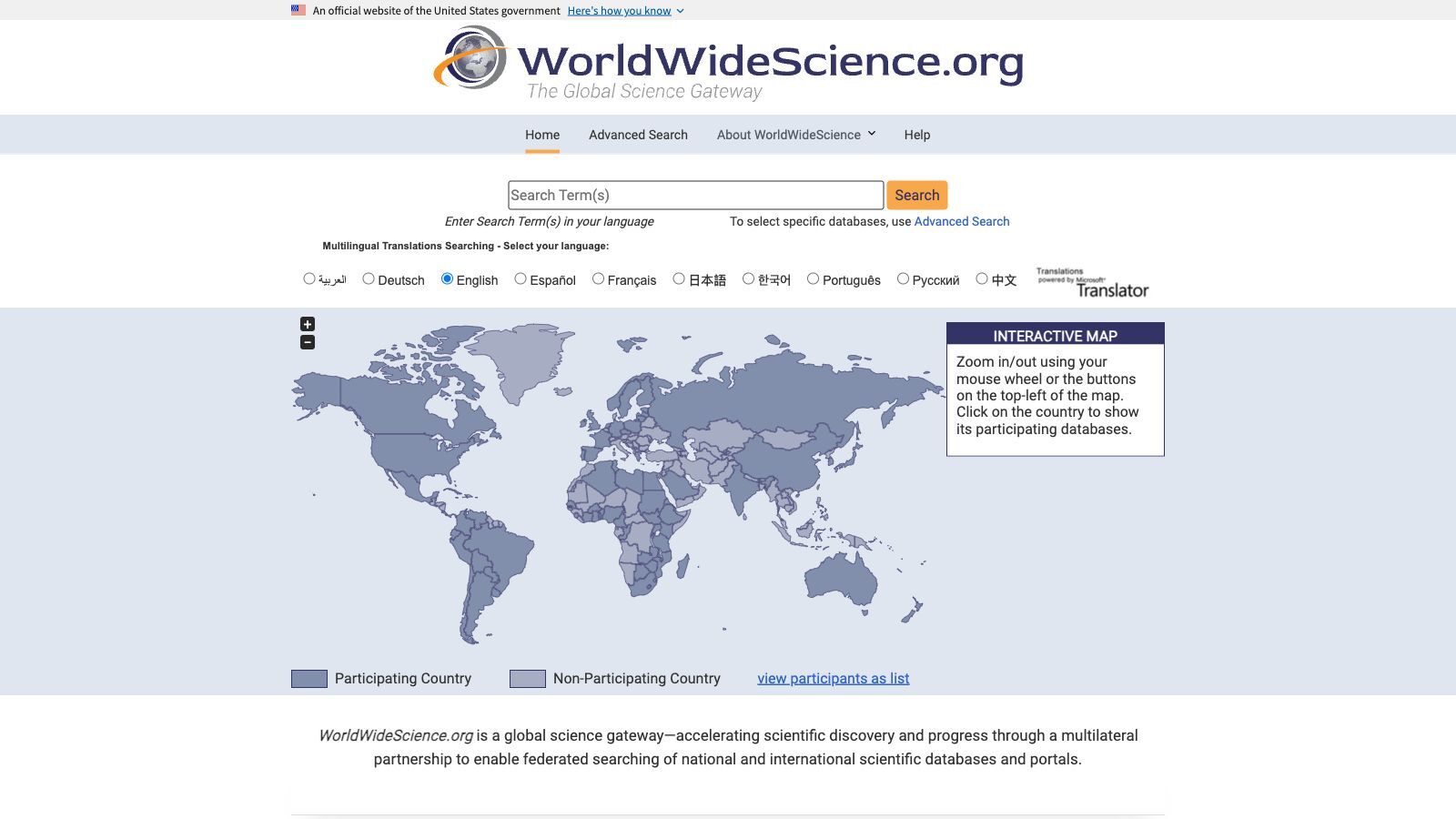 Startseite Suchmaschine WorldWideScience