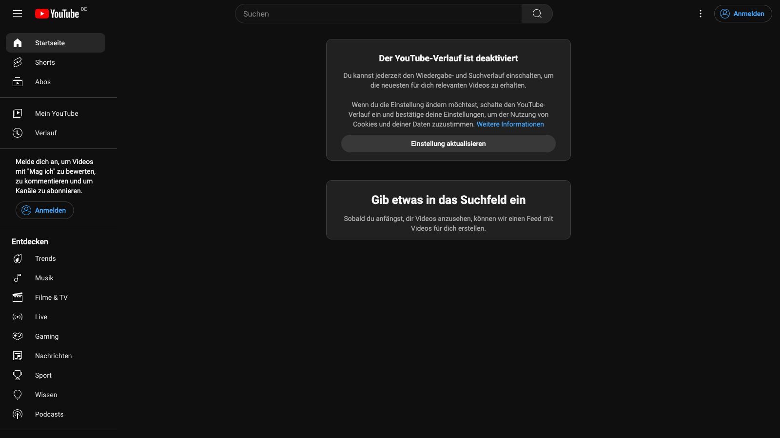 Startseite Suchmaschine YouTube