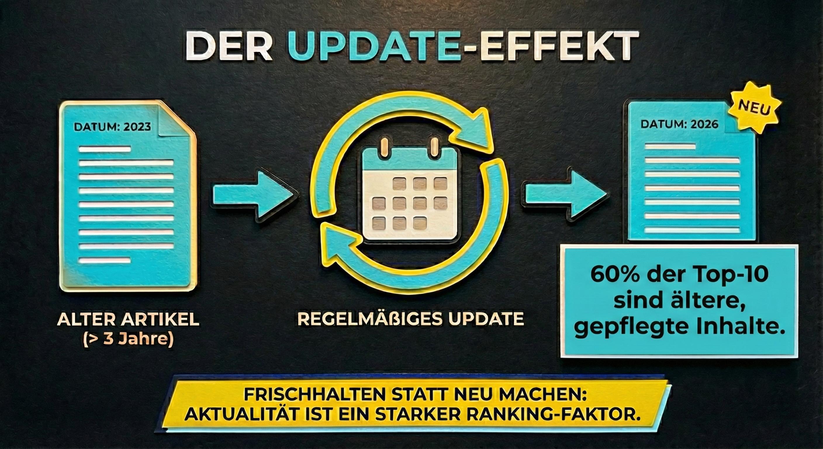 infografik: der update effekt - artikel aktualisieren lohnt sich im seo: 60% der top10 sind ältere, gepflegte inhalte.