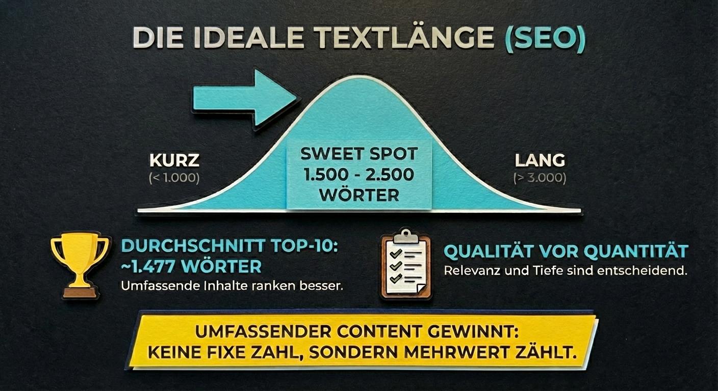 infografik: die ideale länge von seo-texten liegt je nach content-art meist zwischen 1500 bis 2500 wörter. aber: qualität vor quantität!